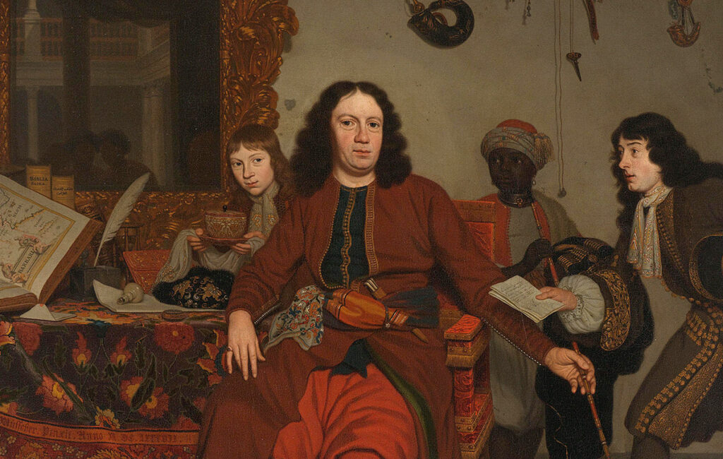 Uitsnede Thomas van Hees en zijn bediende Thomas op een schilderij van Michiel van Musscher, 1687. Detail. Collectie Rijksmuseum Amsterdam.