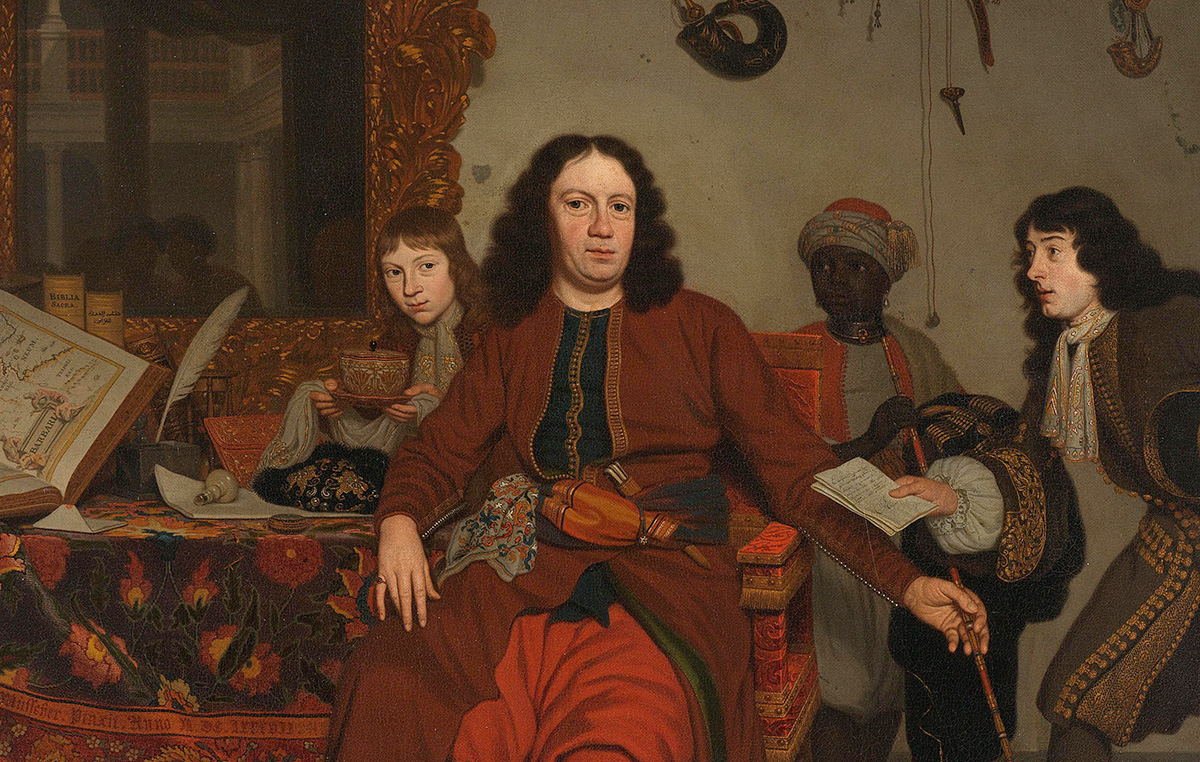 Uitsnede Thomas van Hees en zijn bediende Thomas op een schilderij van Michiel van Musscher, 1687. Detail. Collectie Rijksmuseum Amsterdam.